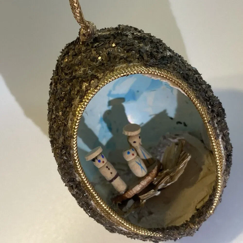 Vintage Diorama Christmas Egg Ornament Glitter Handmade Mary Joseph & Baby Jesus